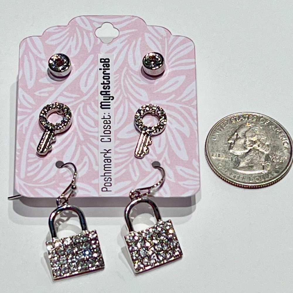 3 Pairs of Earrings Silver Tone Stud, Lock‎ and Key NWOT